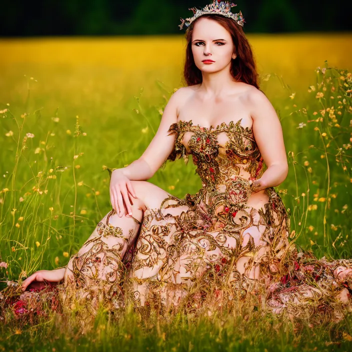 Prompt: portrait photo of an extremely beautiful woman in ornate gown sitting in an endless meadow. extremely detailed. dslr. 8 5 mm.