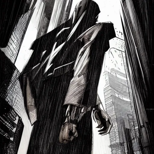 Image similar to concept art character, very high angle view, book cover, walking in cyberpunk valley, highly detailed full body, smooth, sharp focus, organic, appealing, book cover, deep shadows, by Dave McKean sketch lineart for character design