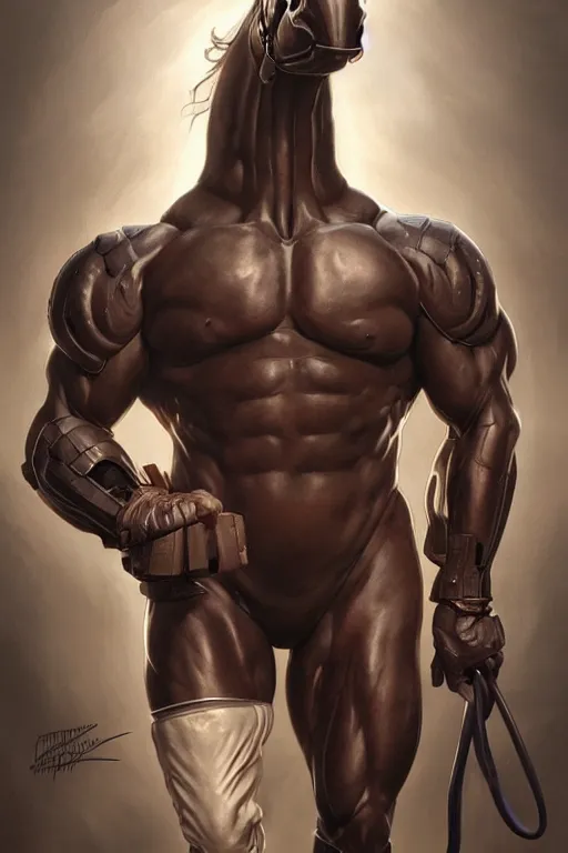 Image similar to splash art of an exaggeratedly muscular anthropomorphic horse at a research facility wearing a power - restricting suit, leather suit, clothing, highly detailed, digital painting, artstation, concept art, sharp smooth focus, illustration, art by artgerm and greg rutkowski and alphonse mucha