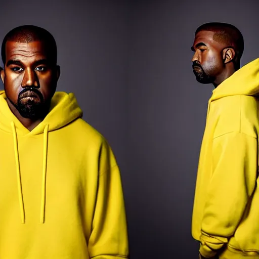 Image similar to Kanye West in a yellow pikachu! hoody, Studio Photograph, portrait C 12.0