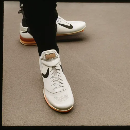 Image similar to a studio photoshoot of Nike sneakers designed by Tom Sachs, cream leather with knitted mesh material, gum rubber outsole, realistic, color film photography by Tlyer Mitchell, 35 mm, graflex