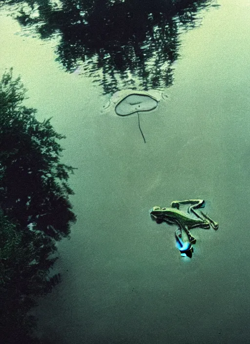 Prompt: semi translucent smiling frog amphibian hovering over misty lake in Jesus Christ pose, cinematic shot by Andrei Tarkovsky, paranormal, spiritual, mystical