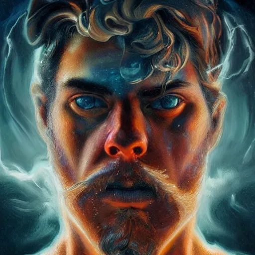 Image similar to portrait of zeus starring into the camera, fixed eyes, lightning environment, melted paint, melting, surreal, dramatic lighting, face, detailed, intricate, elegant, highly detailed, digital painting, artstation,, concept art, smooth, sharp focus, illustration, art by sam spratt, dan mumford, artem demura and alphonse mucha