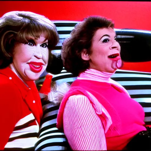 Image similar to 1982 twin women on tv talk show wearing an inflatable long prosthetic snout nose soft color, studio lighting, sitting on vinyl chairs, wearing stripes 1982 color film archival footage 16mm John Waters Russ Meyer Almodovar Doris Wishman