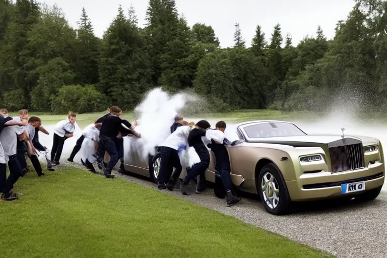 Prompt: Group of teenagers push Rolls-Royce into lake