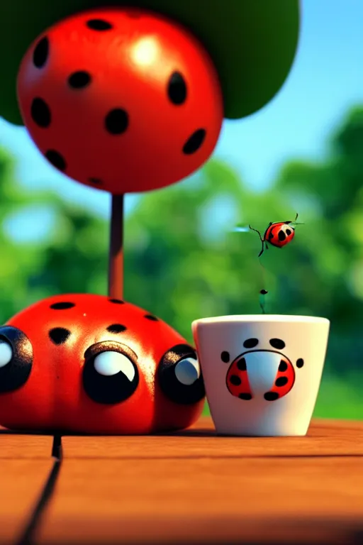 Prompt: a red ladybug with big eyes on side of a cup of coffee at picnic. pixar disney 4 k 3 d render movie oscar winning trending on artstation and behance. ratatouille style.