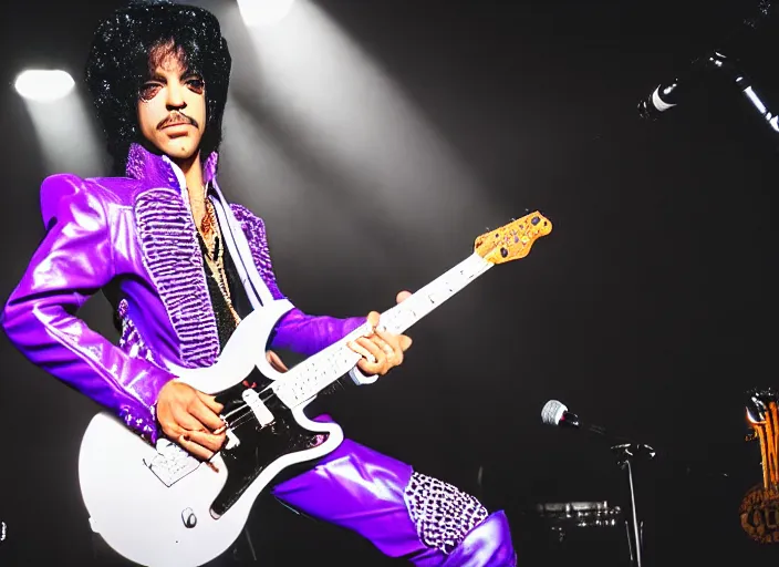 Image similar to photo still of prince from purple rain on stage at vans warped tour!!!!!!!! at age 3 3 years old 3 3 years of age!!!!!!!! serving pancakes to the crowd, 8 k, 8 5 mm f 1. 8, studio lighting, rim light, right side key light