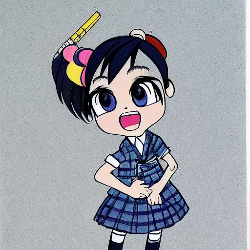 Image similar to a perfect professional sketch of a funny and cute Japanese schoolgirl, by ink pen with a few colored pens, in style of Disney Pixar, CalArts, on high quality paper