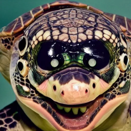 Image similar to photo of a nightmare turtle with an evil grin and large eyes, nightmare fuel, creepy