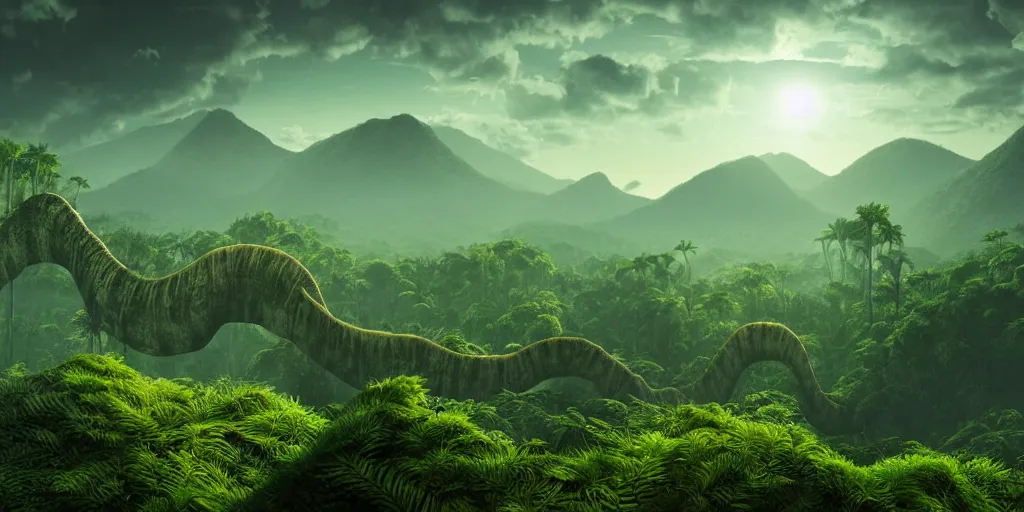 Prompt: a distant prehistoric fern jungle, a silhouette of a distant sauropod head in the background, mountains, clouds, volumetric lighting, hazy, washed out, an award winning digital render, beautiful, ultradetailed, hyperrealistic, great composition