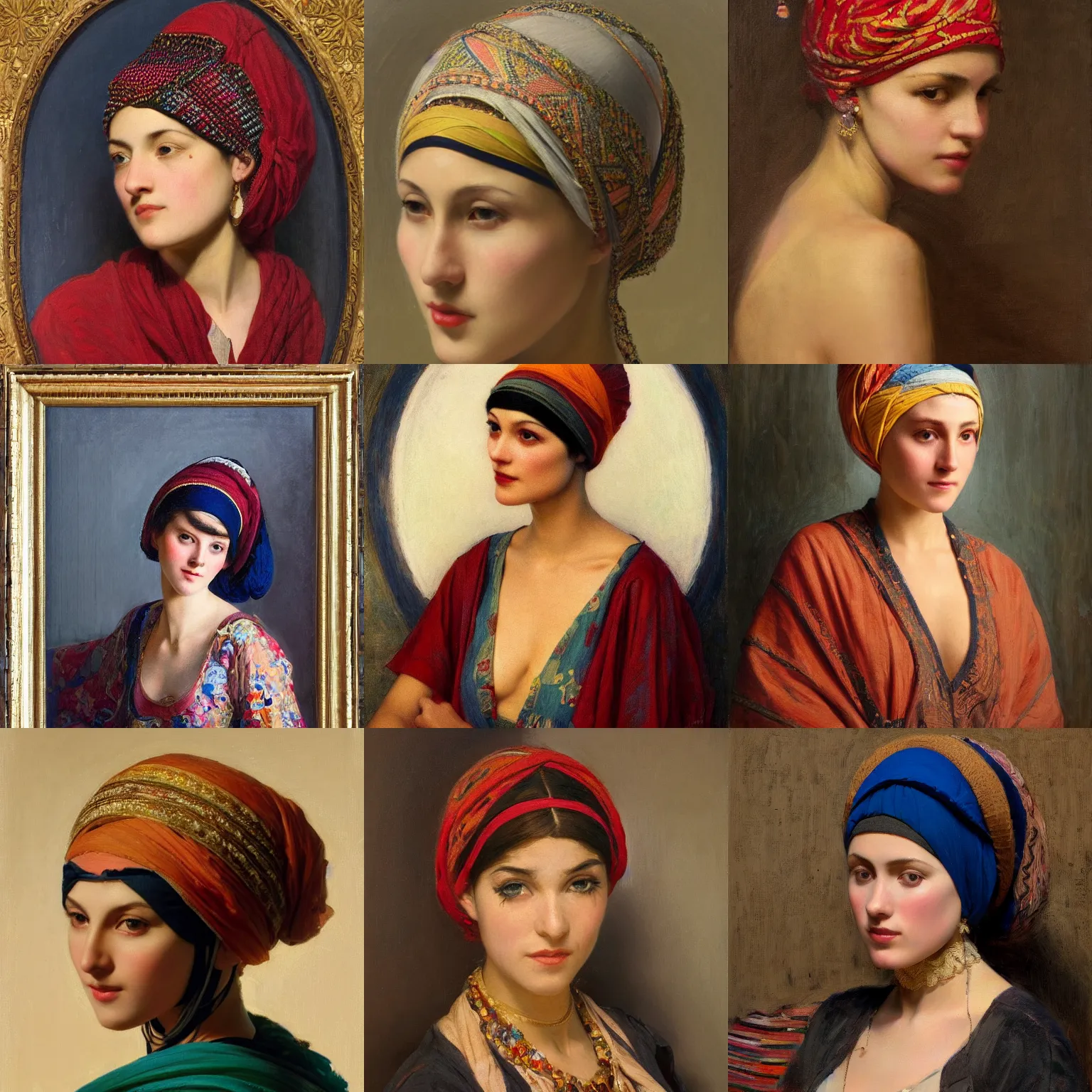 Prompt: orientalism portrait of a cute woman wearing triangular headwrap by Edwin Longsden Long and Theodore Ralli and Nasreddine Dinet and Adam Styka, masterful intricate artwork. Oil on canvas, excellent lighting, high detail 8k