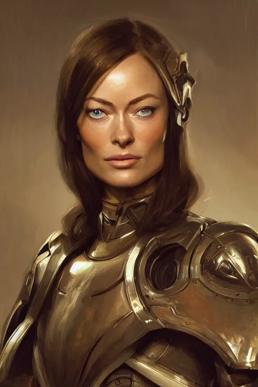 Image similar to a professional painting of a young Olivia Wilde, clothes in military armor, olive skin, long dark hair, beautiful bone structure, symmetrical facial features, intricate, elegant, digital painting, concept art, smooth, sharp focus, illustration, from StarCraft by Ruan Jia and Mandy Jurgens and Artgerm and William-Adolphe Bouguerea