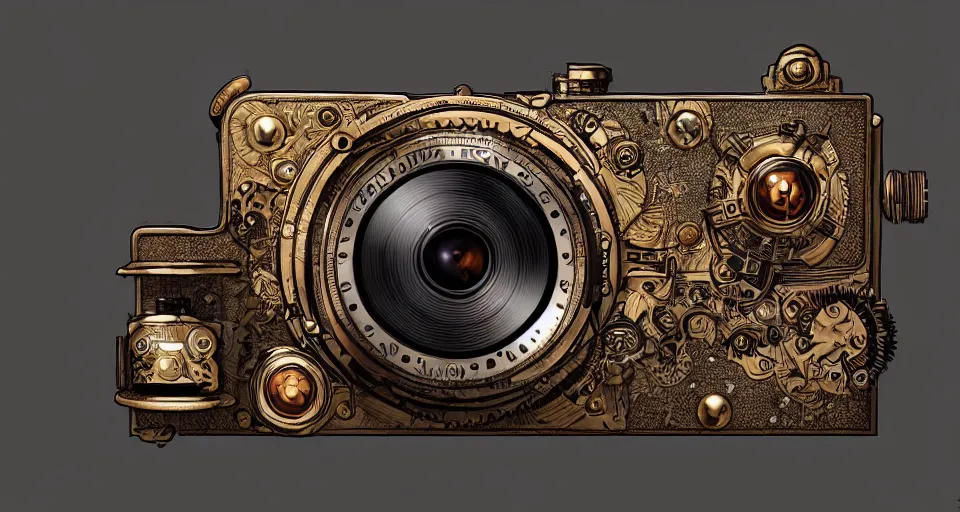 Image similar to A beautiful artwork illustration, extremely detailed and advanced steampunk-themed camera , featured on artstation, wide angle, horizontal orientation