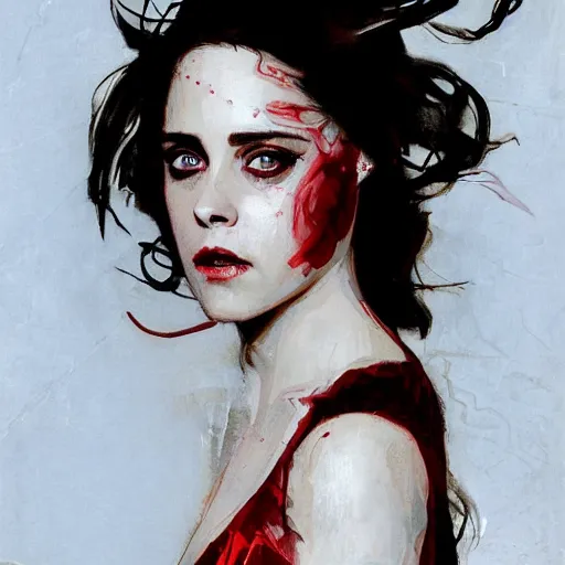 Image similar to alison brie as kristen stewart as iron scarlet witch, intricate, elegant, highly detailed, greg manchess, mucha, liepke, ruan jia, jeffrey catherine jones, ridley scott