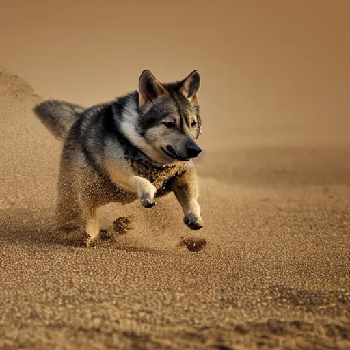 Prompt: award winning wildlife photography, a Swedish vallhund, high midair shot, running towards the camera, straight shot, high shutter speed, dust and sand in the air, wildlife photography by Paul Nicklen, shot by Joel Sartore, Skye Meaker, national geographic, perfect lighting, blurry background, bokeh