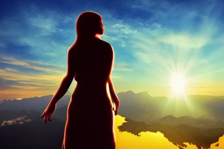 Image similar to a strange creature holding a source of light in her hands she is on top of a mountain, contemplating her existence in a beautiful sunset near dusk, realistic shading, cinematic composition,