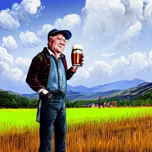 Image similar to a Scottish man holding a pint of beer in the middle of an empty field, In the back ground of the frame is a beautiful landscape., physically accurate, dynamic lighting, intricate, elegant, highly detailed, digital painting in the style of very very ralph steadman, sharp focus, illustration