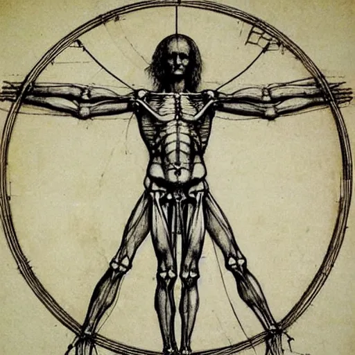 Prompt: full body anatomy sketch by Leonardo da Vinci, the vitruvian man style, highly detailed, asymmetrical, right half skeleton