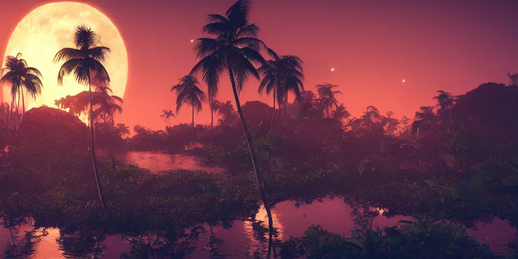 Image similar to beautiful landscape of a tropical moon, trending on art station, photoreal, 8k, octane render