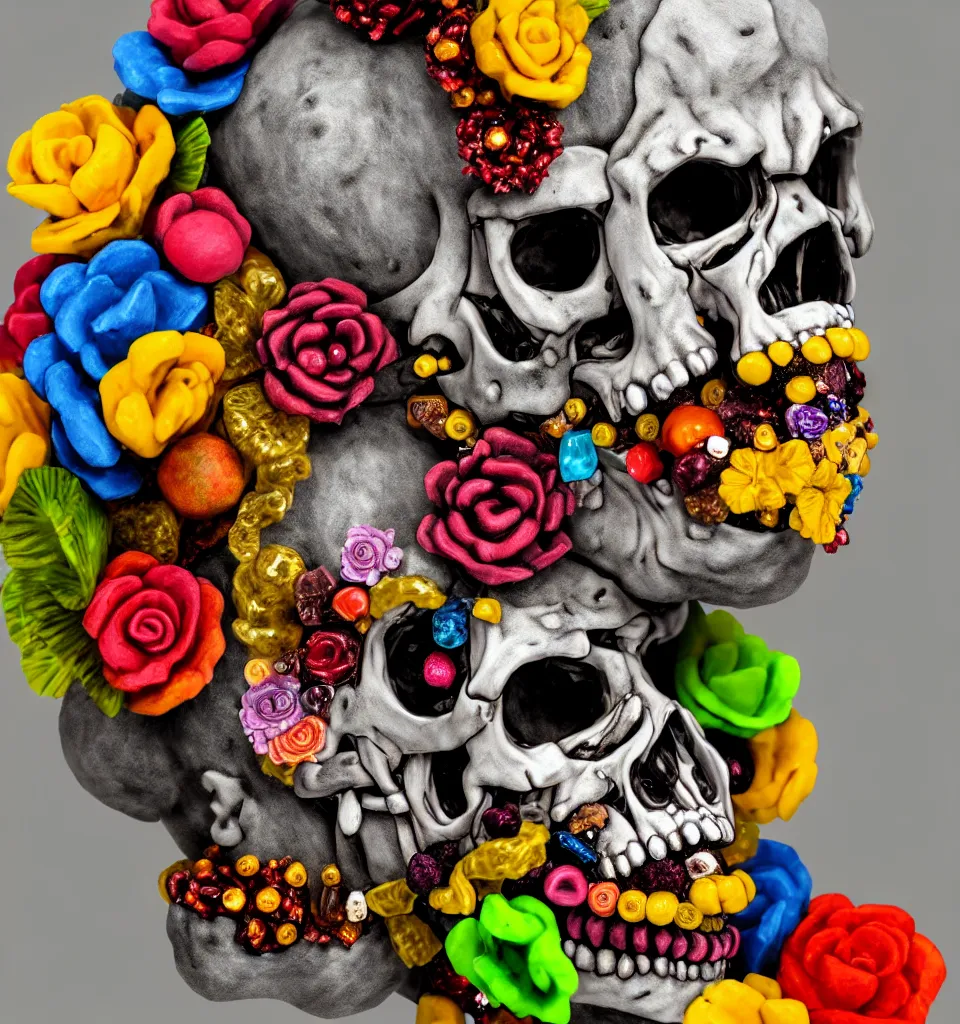 Prompt: headshot of a zombie punk rock star, head made of fruit gems and flowers in the style of arcimboldo, fragonard, photorealistic, dynamic lighting, action figure, clay sculpture, claymation, gray blue and yellow, stage spotlight lighting