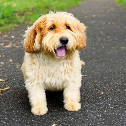 Image similar to microscopic dog sitting on a large peanut