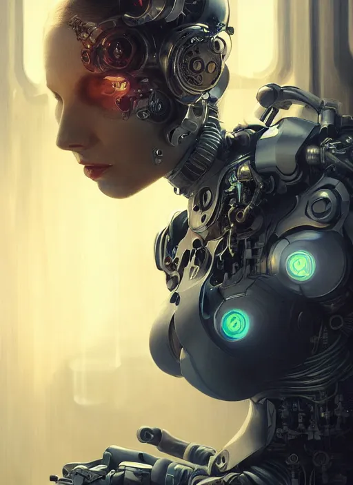 Image similar to ultra realistic full shot of a cyborg woman with mechanical arms, cyberpunk, sci - fi, fantasy, kodak, colour led, soft light, volumetric lighting, night, intricate, elegant, highly detailed, digital painting, artstation, concept art, smooth, sharp focus, illustration, art by artgerm and greg rutkowski and alphonse mucha