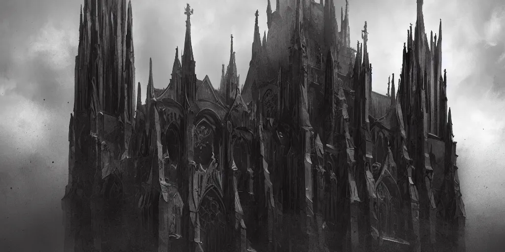 Image similar to dark gothic cathedral, gothic architecture, at the top of a red rock canyon, artstation concept art, beautiful matte painting, ultrawide angle