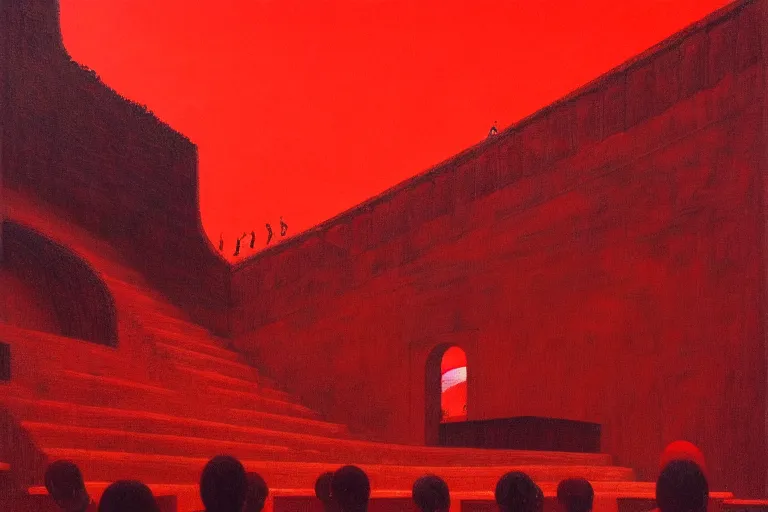 Image similar to only with red, a red great emperor, taormina amphitheatre, expressive crowd with big smile, in the style of beksinski, parts by edward hopper, parts by rodcenko, parts by yue minjun, intricate and epic composition, red by caravaggio, insanely quality, highly detailed, masterpiece, red light, artstation, 4 k