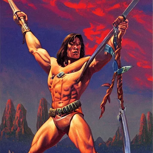 Prompt: conan holding a sword up in the air, art by greg hildebrandt