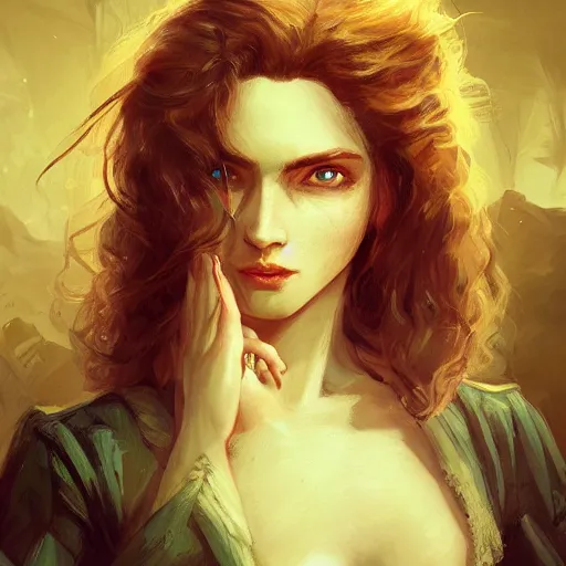 Prompt: portrait painting of a 2 8 years old rugged woman joyful flirtatious pirate long hair soft hair flowing hair upper body coat elegant rugged pretty unreal render cinematic lighting art 1 9 2 0 period drama by bussiere rutkowski andreas rocha, vaporwave