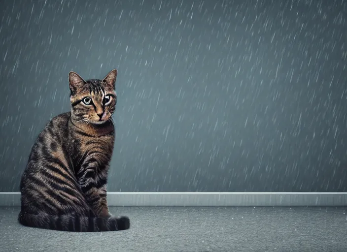 Image similar to photography of a Cat sitting on a box. in a room full of posters, photorealistic, raining award winning photo, 100mm, sharp, high res