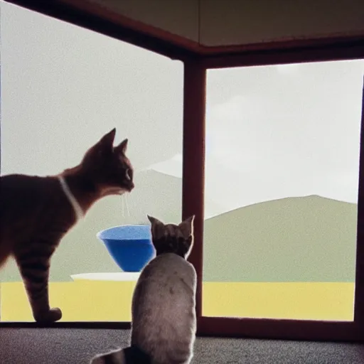 Prompt: cat watching a martian landscape from inside a window, standing in the floor next to a bowl with cat food