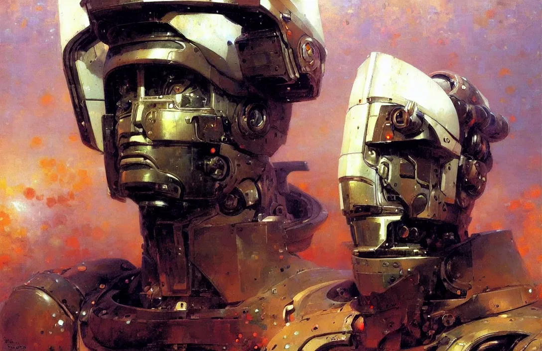 Image similar to portrait of futuristic space robot!!!!!!!!!!!!!!!!!!!!!!!!!!!, detailed face, detailed painting,, epic lighting, by ilya repin, phil hale and kent williams