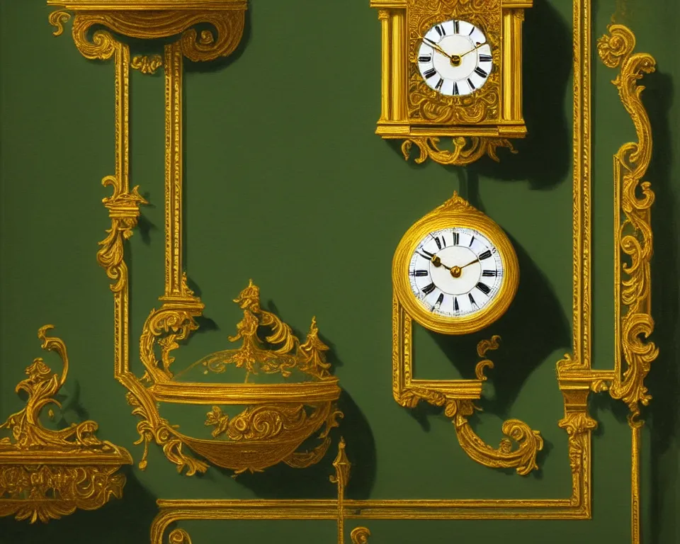 Image similar to an achingly beautiful print of dozens of ornate gold clocks on a dark green wall by Raphael, Hopper, and Rene Magritte. detailed, romantic, enchanting, trending on artstation.