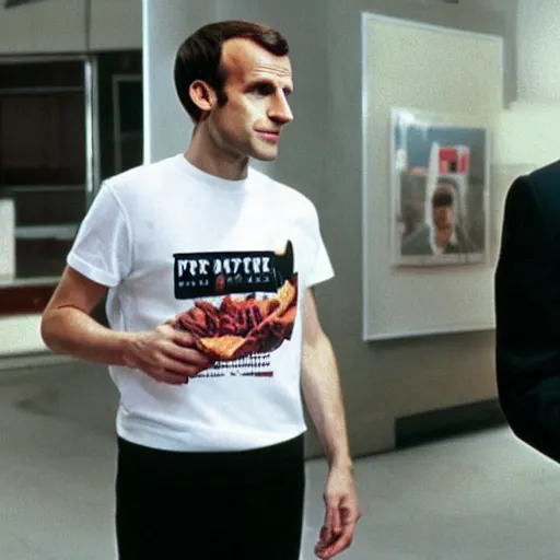 Image similar to Emmanuel Macron wearing fries tee-shirt in American Psycho (1999)