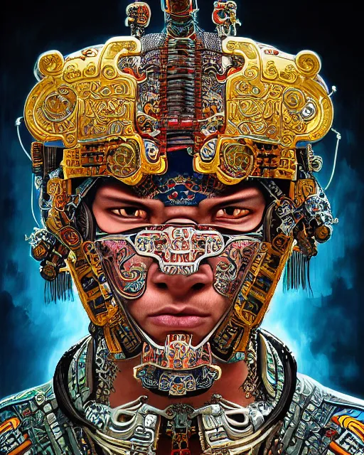 Prompt: portrait of a mayan masculine male cyberpunk jaguar warrior, machine face, upper half portrait, decorated with chinese opera motifs, muscular, asian, fine china, wuxia, traditional chinese art, intricate intense elegant, highly detailed symmetry headpiece digital painting artstation concept art smooth sharp focus illustration, art by moebius and frank miller alphonse mucha 8 k