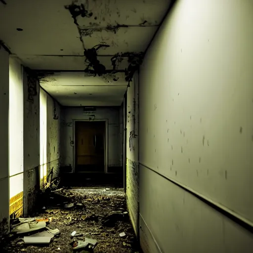 Prompt: a scary and grotesque monster lurking in an abandoned hospital hallway, grotesque, scary, dark, low lighting.
