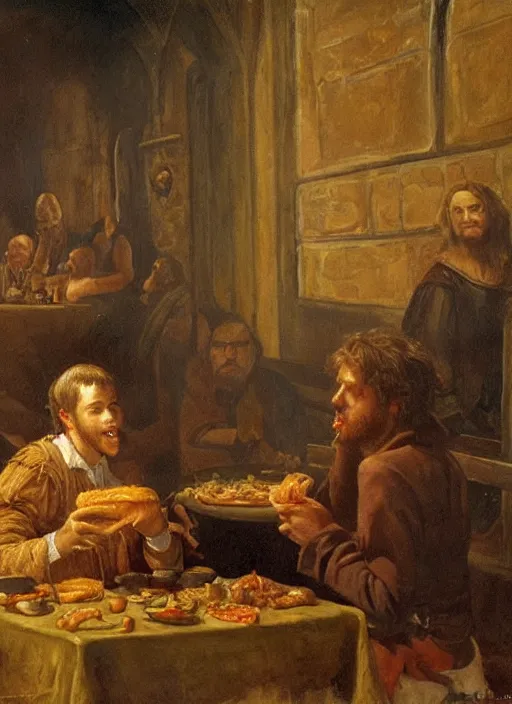 Image similar to young man eating a hamburger in the center of a dark medieval dinning room, surrounded by starving people in front of a giant painting, extremely realistic and highly detailed painting by gaston bussiere, soft light, gold ratio