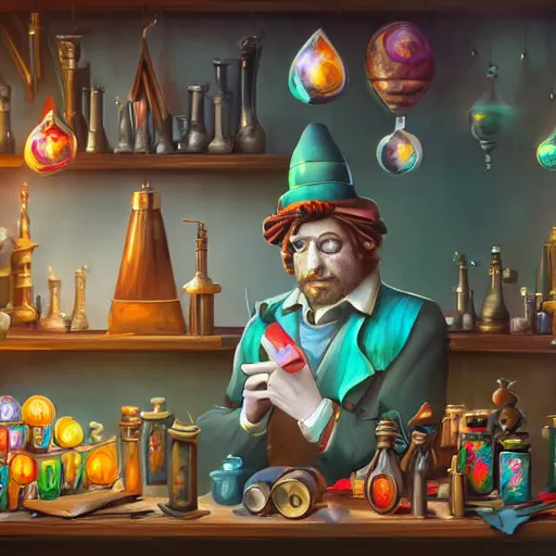 Image similar to Anthropomorphized parrot trader in his shop, shelves full, selling a gem, portrait, items, magic potions, fancy hat, sly expression , cunning expression, cute expression, presenting magic gem, D&D, fantasy, cinematic lighting, highly detailed, digital painting, artstation, concept art, smooth, sharp focus, illustration, warm light, cozy warm tint, magic the gathering artwork, volumetric lighting, 8k, no gold, no gold colours, art by Akihiko Yoshida, Greg Rutkowski