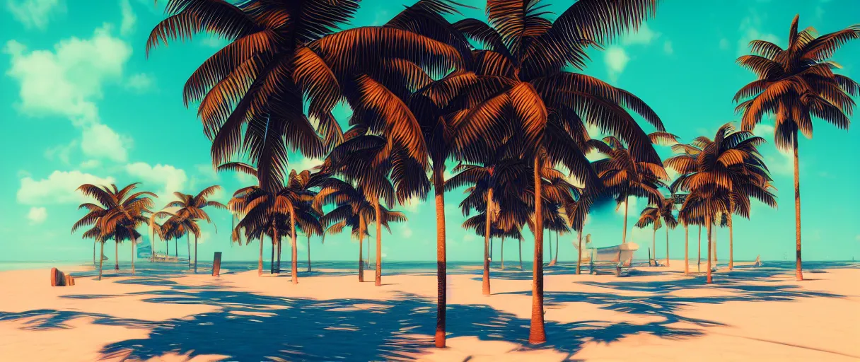 Prompt: synthwave beach, palm trees, water with caustics, 3 d octane render, raytracing, dynamic lighting, focus