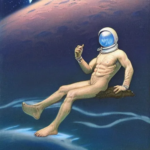 Image similar to An astronaut floating in the ocean, by Gerald Brom