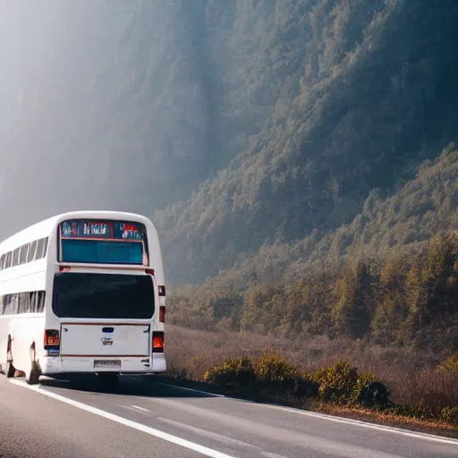 Image similar to white - blue bus on misty highway scene, the sun shining through the mountain peaks