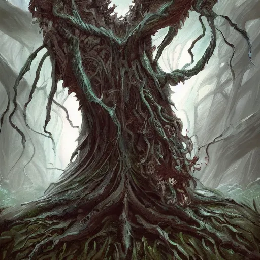 Prompt: a detailed painting of a tree disguised as a human with spider eyes, sharp teeth, and a long tongue screaming in the style of dark fantasy, artstation, ornate, 8k, deep focus,