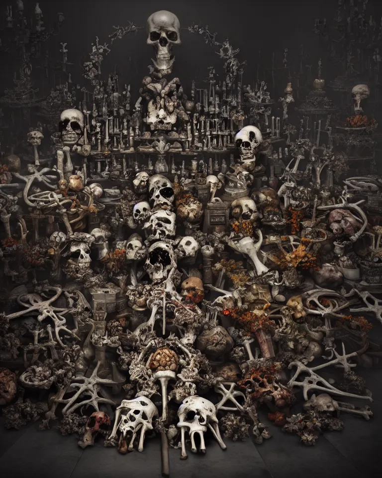 Image similar to full color, low wide shot of sedlec ossuary, bones, anime style mixed with fujifilm, dark, foggy, atmospheric, artstation, cgsociety, octane render, cgi, unreal engine 5, denoise, detailed, cinematic masterpiece