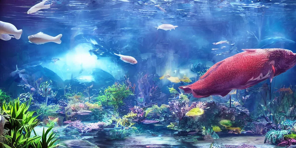 Prompt: big fish escapes from a hospital room inside an aquarium where plants are visible, cinematic lighting, sun, jellyfishes, glass, reflection, trending on artstation, glare