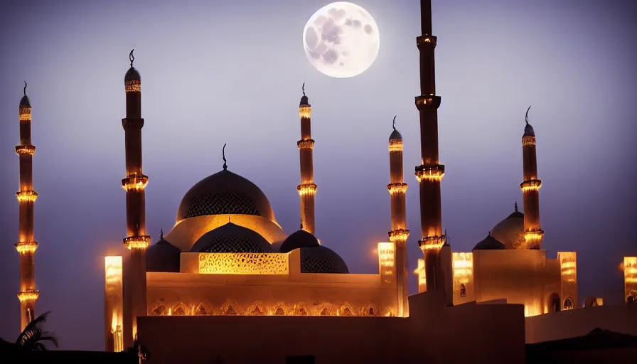 Image similar to photo of beautiful mosque under a giant full moon, glowing arabic symbols floating in the air, cinematic, extreme detail, sharp focus, masterpiece,