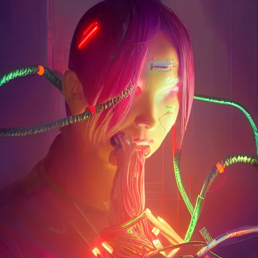 Image similar to colorful and festive mechanical miki removing her human mask revealing wires futuristic, y 2 k aesthetic, dramatic lighting, illustration by greg rutkowski, 4 k, digital art, concept art, ue render, trending on artstation