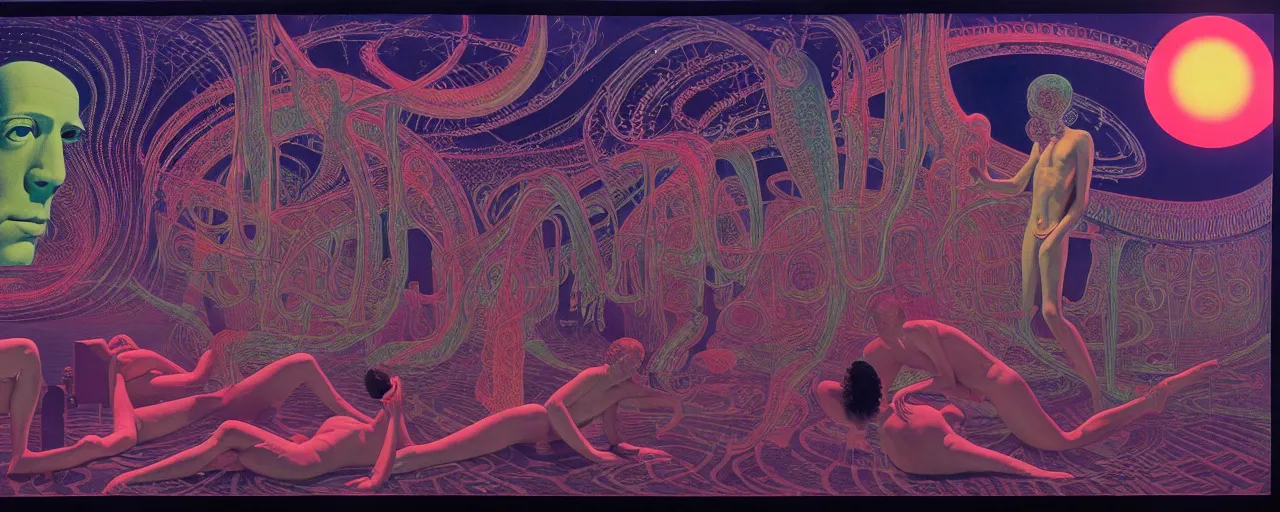 Image similar to 1968 cut out collage, theater stage, neon Greek, dusk on Jupiter, epic theater, deep sea ambience, aquatic plants, film noir, in part by Alex Grey, part by Moebius, composition William S Boroughs, written by H. P. Lovecraft