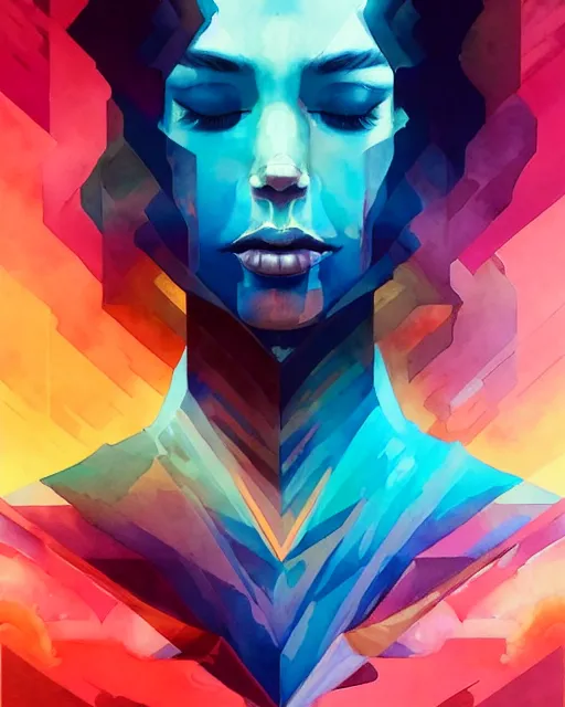 Prompt: synthwave water smoke portrait, shattering acrylic geometric watercolor art by peter mohrbacher and artgerm