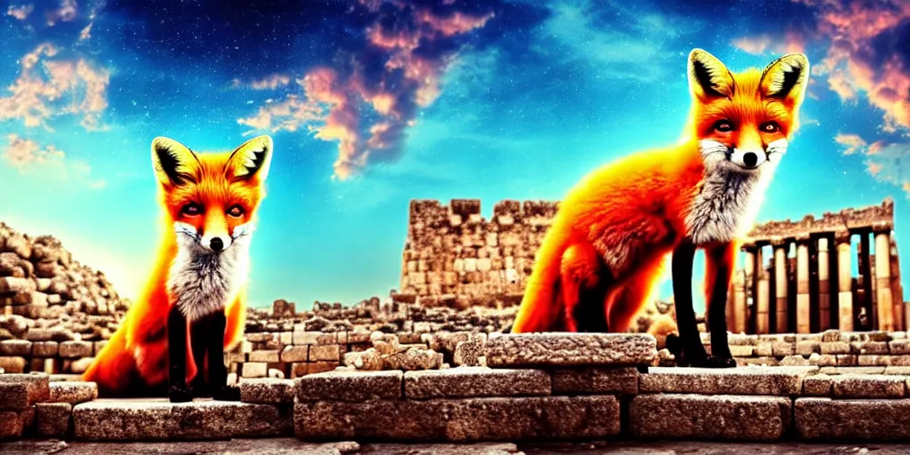 Prompt: A beautiful small fox in the huge ruins of the second temple in Jerusalem :: Dreamy sky :: The third temple hovers quietly in the sky above :: Very colorful painting 8k trending on art station :: Intricate details, very realistic, cinematic lighting, volumetric lighting, photographic blur bokeh defocus dof sky